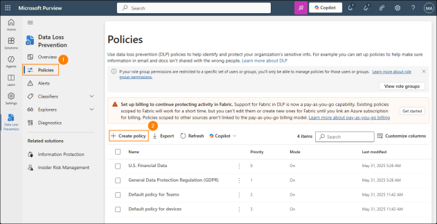 Accessing the wizard to create a new DLP policy.