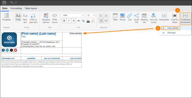 Inserting the User photo placeholder into the signature template.