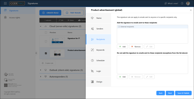 Configuration of the Recipients condition: here, the rule applies to external emails only.