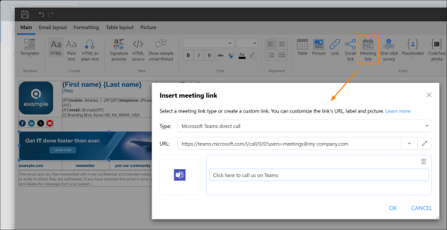 Creating a Microsoft Teams meeting link.