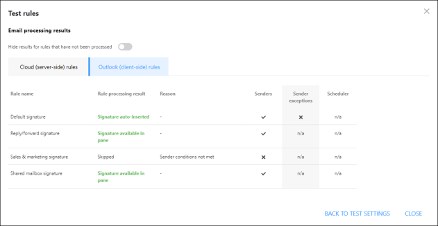 Email processing results for Outlook (client-side) signature rules.