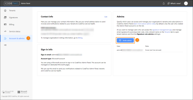 Inviting a user to become an admin in CodeTwo Admin Panel.