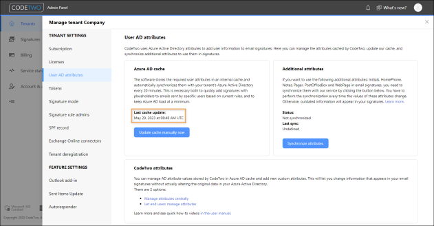 Status of Azure AD cache synchronization.