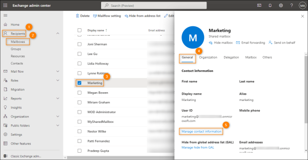 Editing shared mailbox properties in EAC.