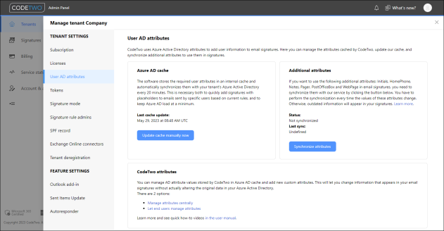 The User AD attributes settings in CodeTwo Admin Panel.