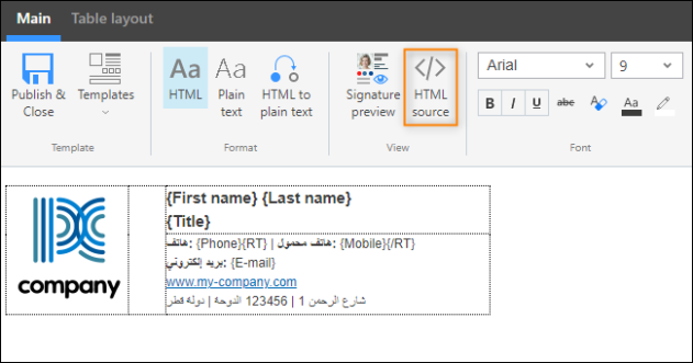 Accessing signature’s source HTML code view.