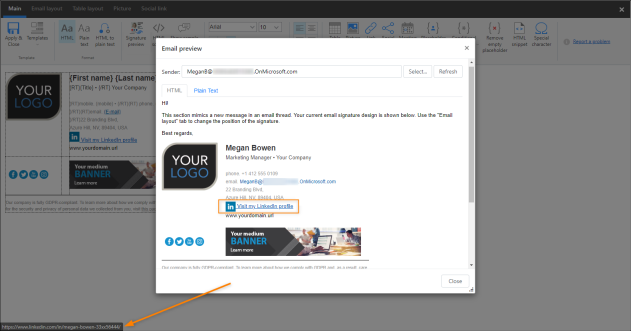 The complete link: fixed part + variable part fetched from Azure AD’s custom placeholder #2 for Megan Bowen.