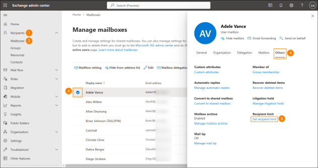 Changing the recipient limit for a single mailbox in the Exchange admin center.
