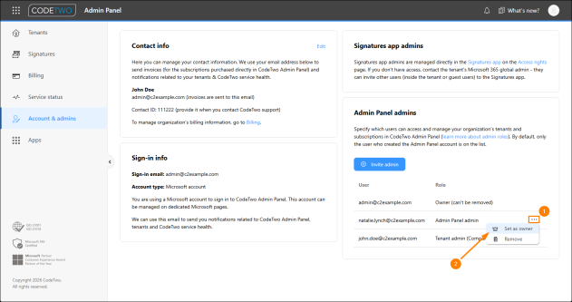 Changing the ownership of a CodeTwo Admin Panel account.
