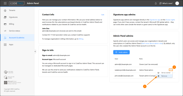 Removing a user from CodeTwo Admin Panel admins.