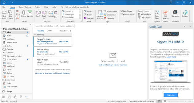This is how CodeTwo signatures add-in appears in Outlook right after installation.