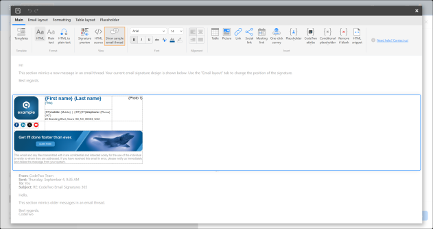 A signature template opened in the editor, shown within sample email thread sections.