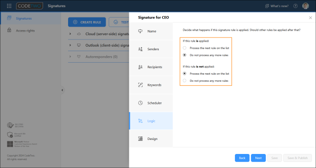 Setting up the program to process further rules if the current rule is not applied.