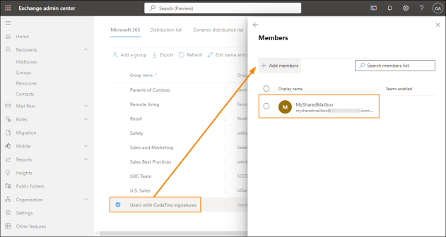 Adding a shared mailbox as a group member.