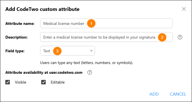 Configuring the custom attribute for a medical license number.