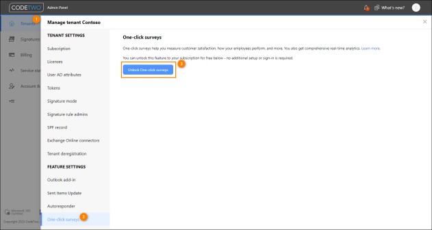 Enabling One-click surveys in CodeTwo Admin Panel.