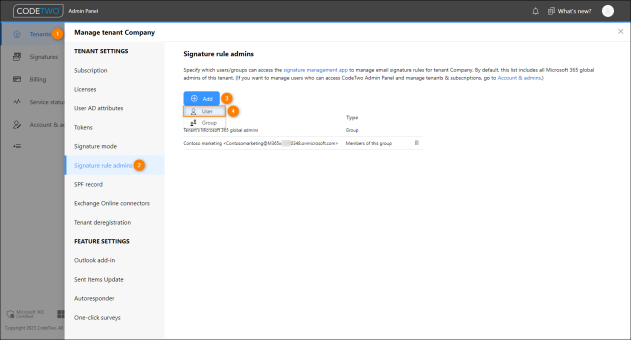 Adding a new signature rule admin in CodeTwo Admin Panel.