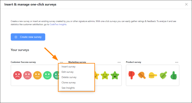 Managing surveys in the signature template editor.