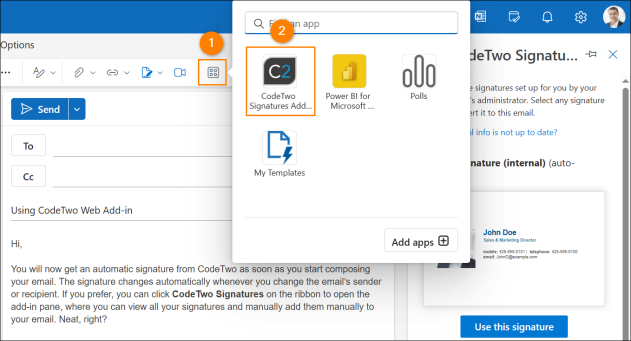 Opening the CodeTwo Outlook Add-in's pane in Outlook on the web.