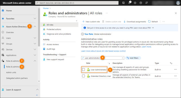 Managing admin roles in the Microsoft Entra admin center.