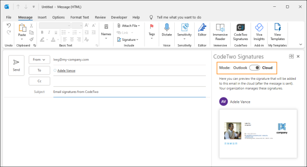 The toggle button allows users to switch between cloud (server-side) and Outlook (client-side) signatures.