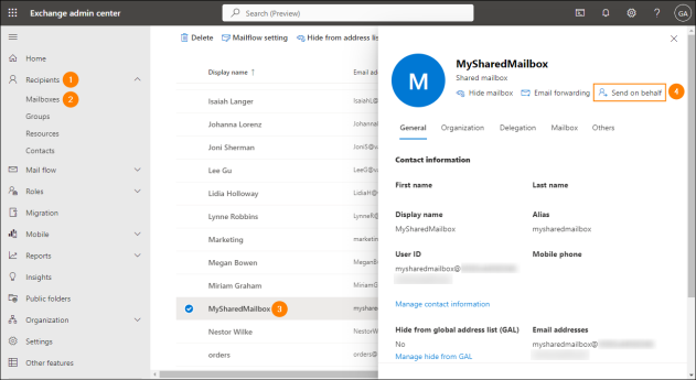 Configuring the Send on behalf of permissions to a shared mailbox.