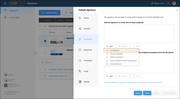 Select this option to apply the signature defined in this rule to emails sent to all recipients.