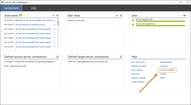 The Check for updates link in CodeTwo Office 365 Migration.