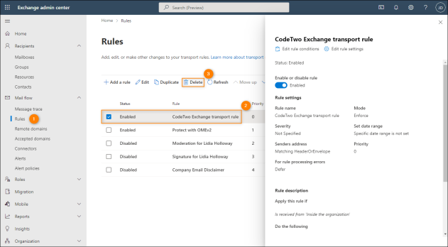 Removing the CodeTwo transport rule.