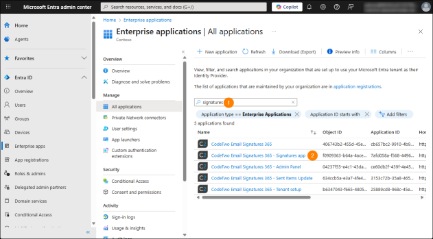 Opening Signatures app settings in the Microsoft Entra admin center.