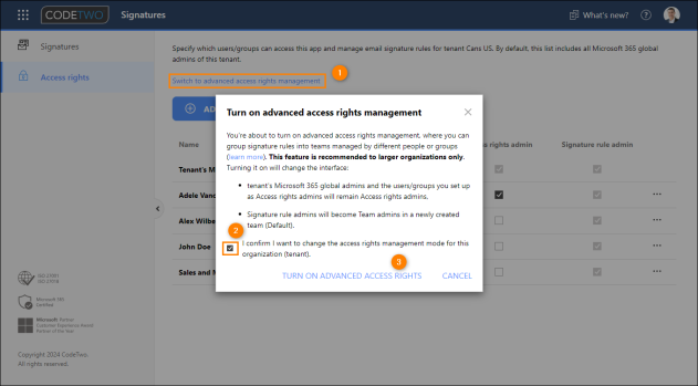 Turning on Advanced access rights management.