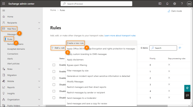 Creating a new transport rule in the Exchange admin center.