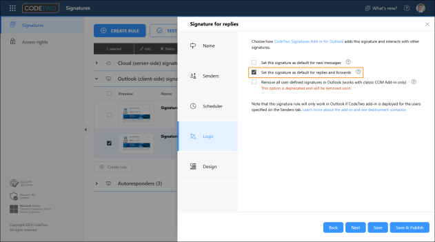Selecting the signature rule as default for replies.