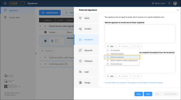Thanks to using this option, the selected cloud signature rule will be applied to external emails only.