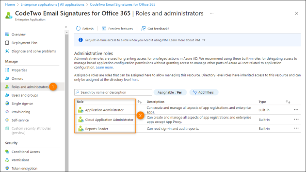 The three mandatory roles to be listed on the Roles and administrators page for all CodeTwo apps.
