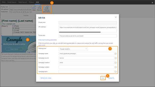 Adding Google Analytics tacking parameters to a link used in the signature template.