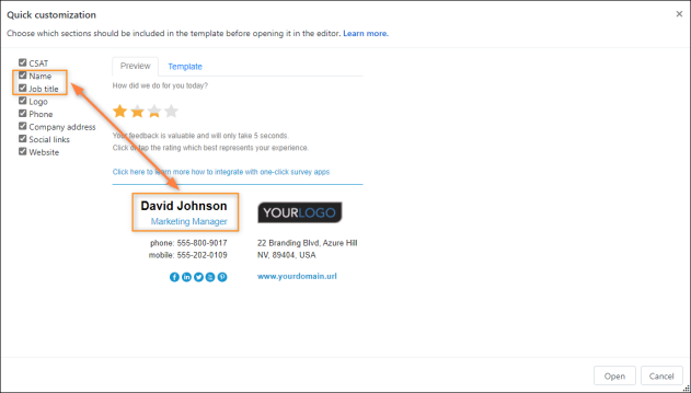 Customizing sections of the auto-reply - once deselected, they will not be included in the template.