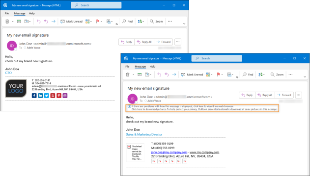 Email signature with embedded images (left) vs. linked/online images (right) – to see online images, your recipient must click the highlighted message first.