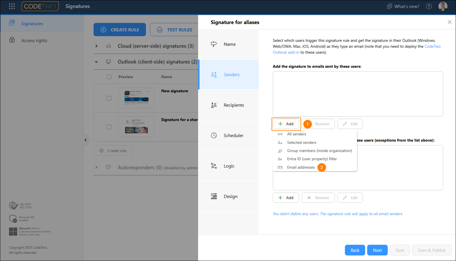 Adding the Email addresses condition to a signature rule.