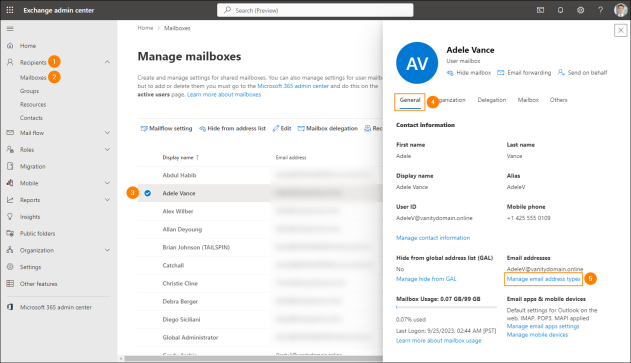 Accessing the email address settings in EAC.