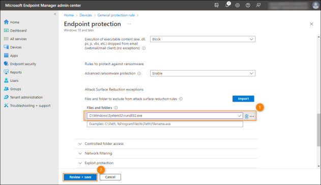 Adding the exception to ASR rules in Intune.