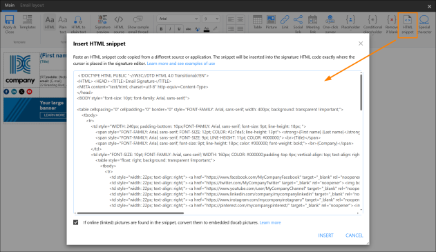 Using the HTML snippet option to import an HTML signature template into the editor.