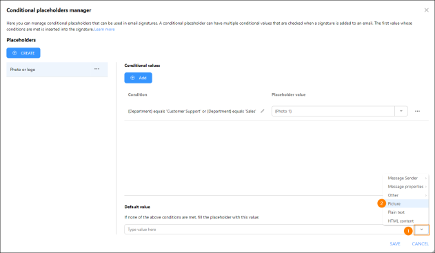 Setting the conditional placeholder’s value to company logo for the remaining users.