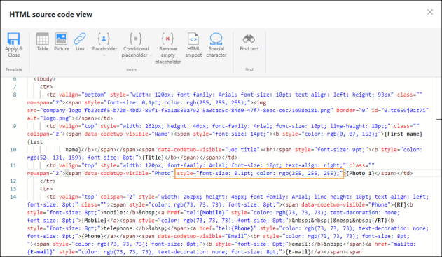 The style attribute added to the <span> tag right before the {Photo} placeholder.