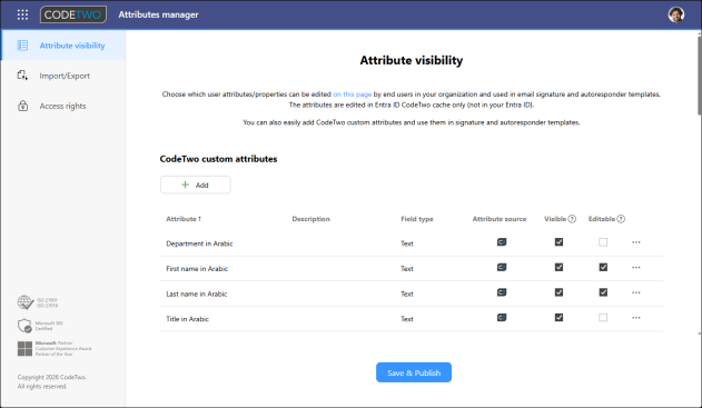 A set of CodeTwo custom attributes that will store users' details in the Arabic language.