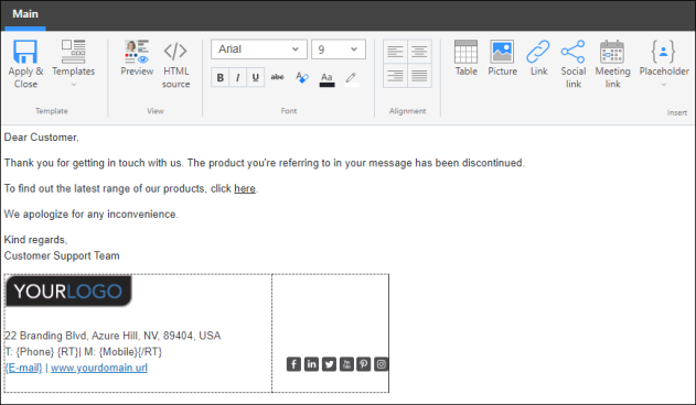 A sample auto-reply message in response to a query about a retired product.