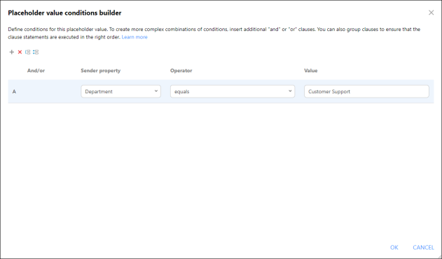 Defining a condition for the Customer Support department.