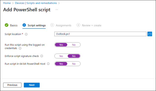 Correct configuration in the Script settings step.