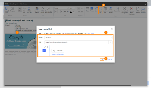 Adding a social media button to the signature template.