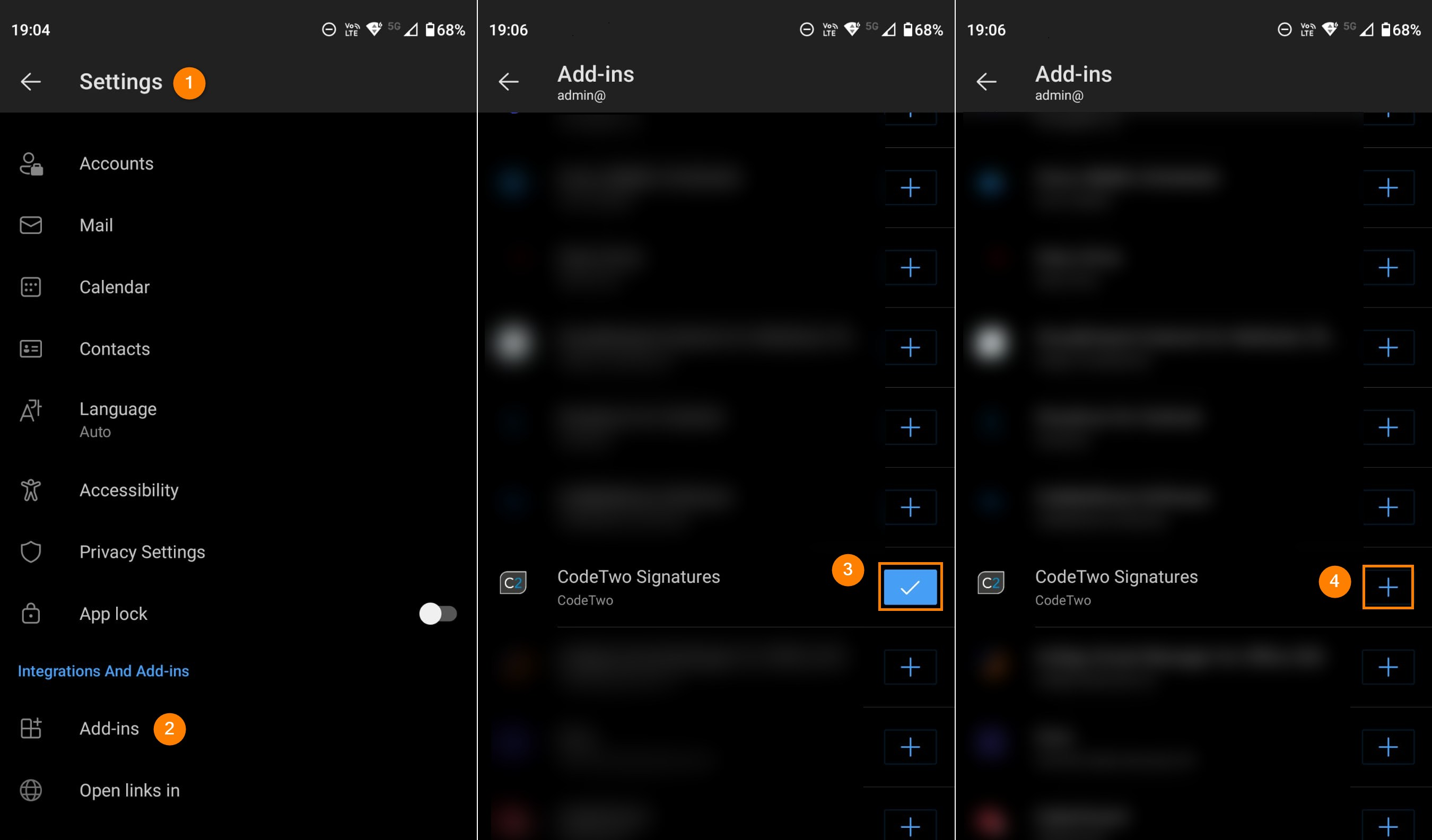 Disabling and re-enabling CodeTwo add-in in Outlook mobile apps.